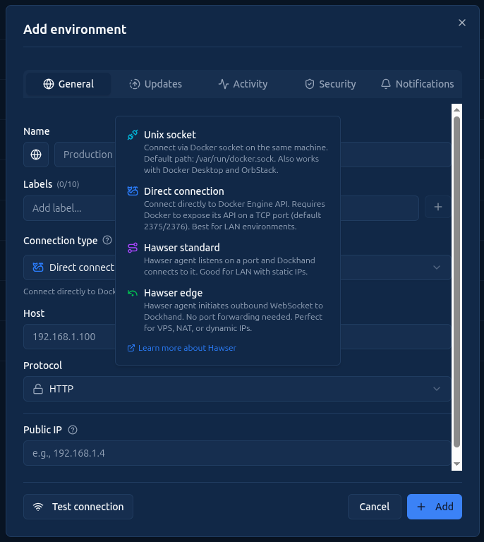 Screenshot: Eine Umgebung hinzufügen