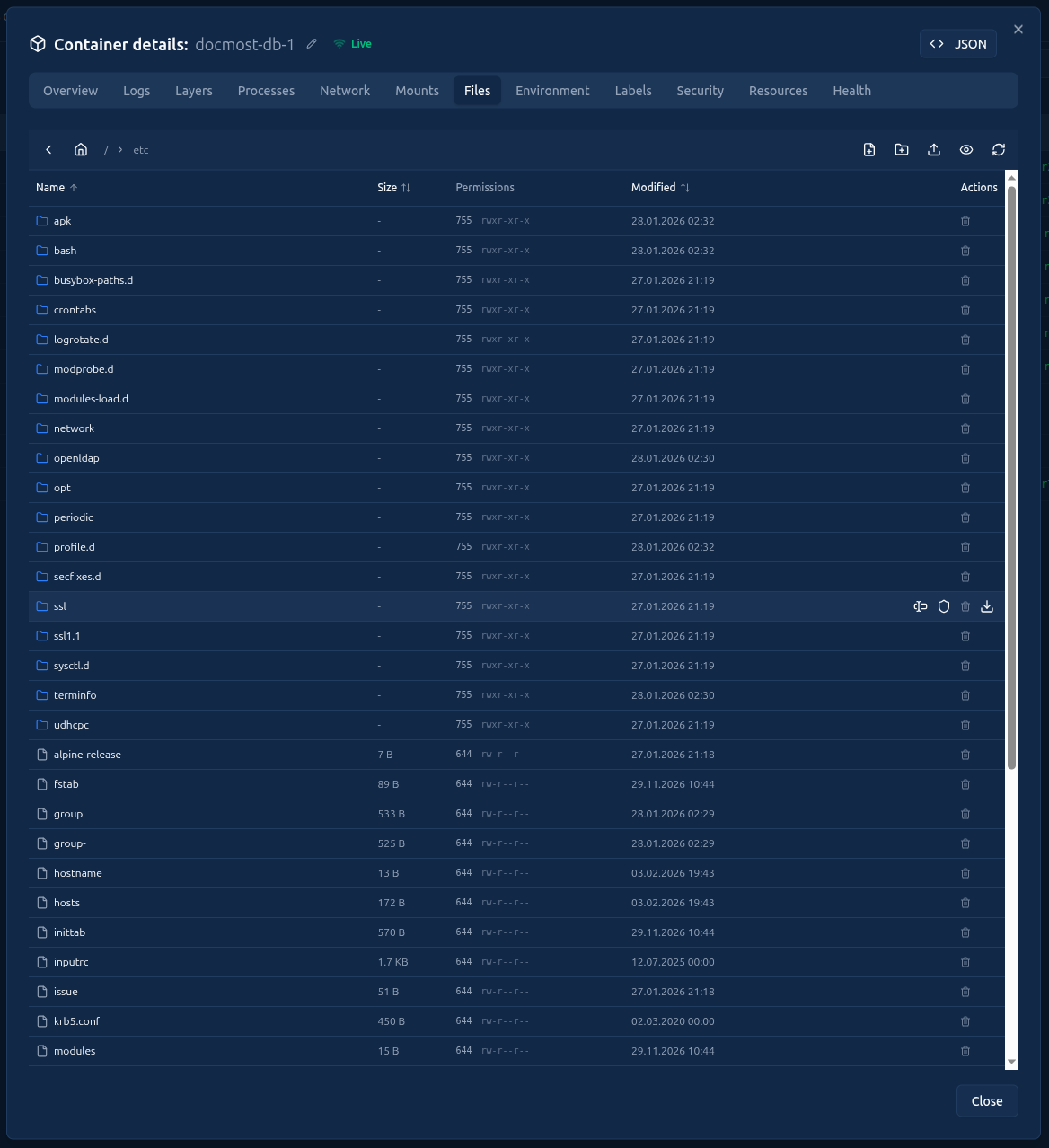 Screenshot: Die Dateien eines Containers