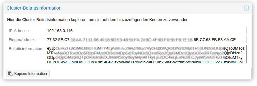 Screenshot: Cluster Beitrittsinformationen