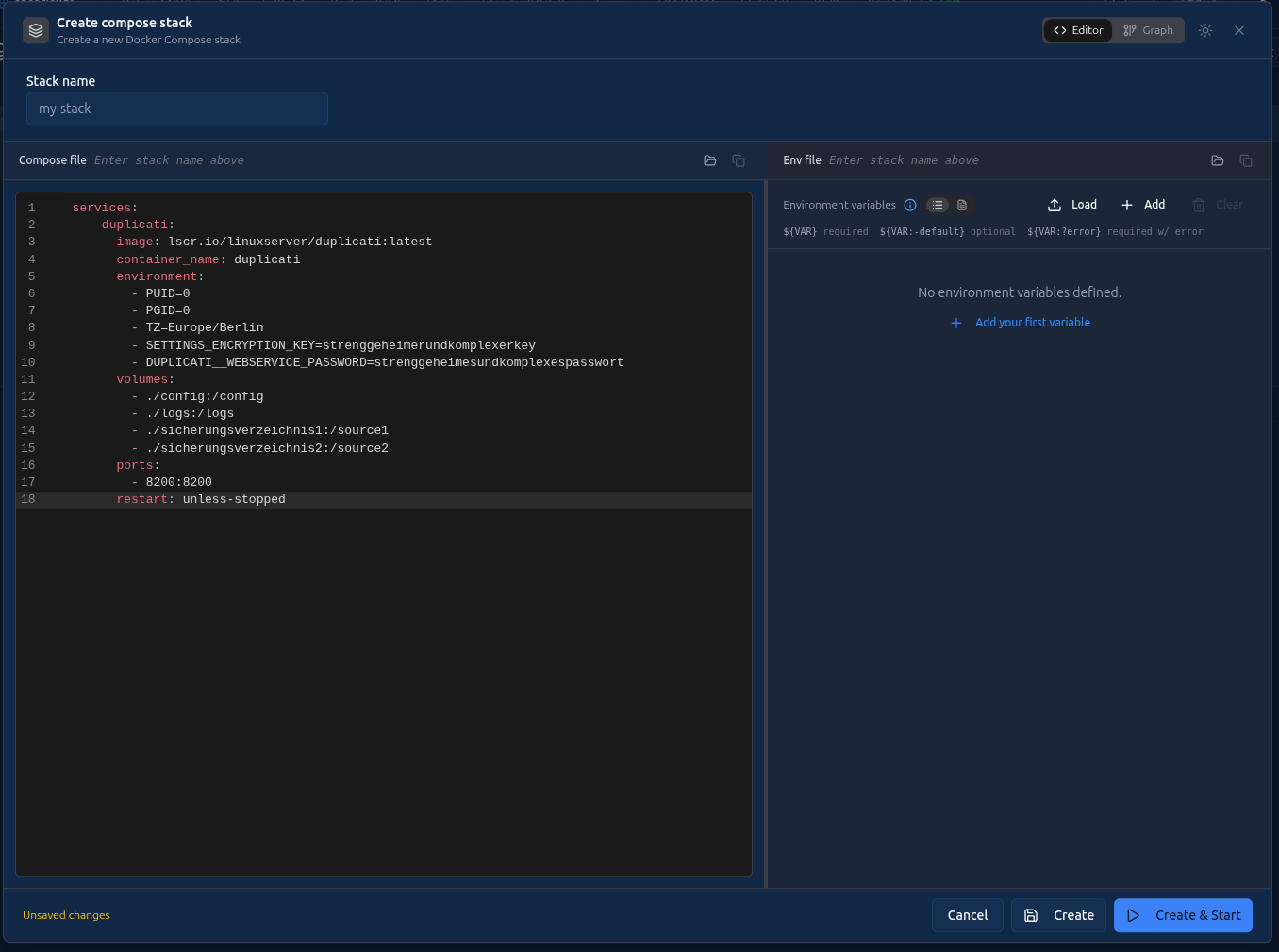 Screenshot: Einen Stack definieren