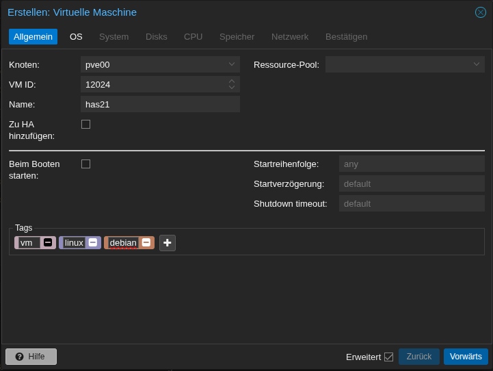 Screenshot: Dialog VM erstellen/General