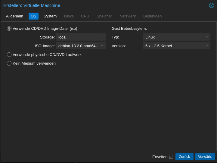 Screenshot: Dialog VM erstellen/OS