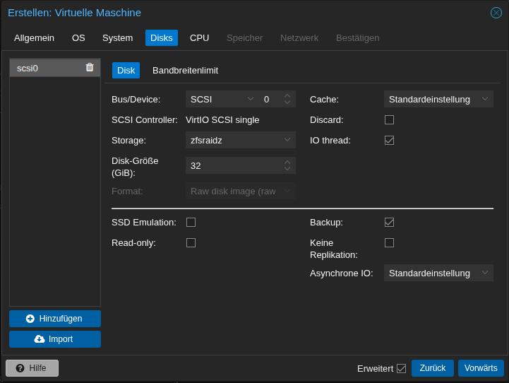Screenshot: Dialog VM erstellen/Disks