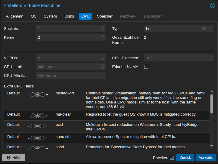 Screenshot: Dialog VM erstellen/CPU