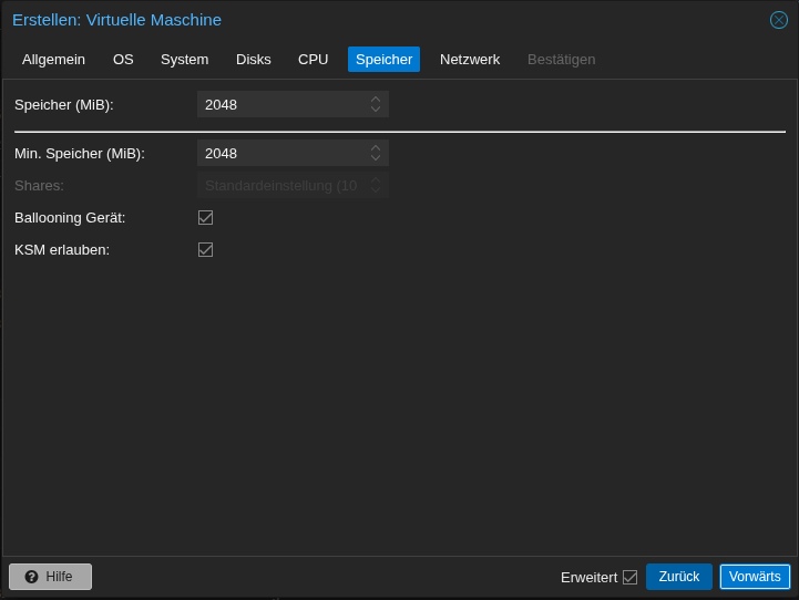 Screenshot: Dialog VM erstellen/Memory