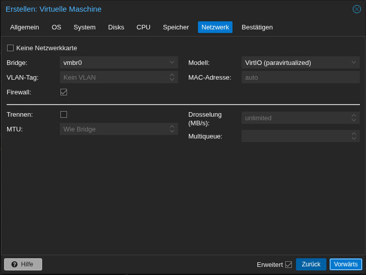 Screenshot: Dialog VM erstellen/Network